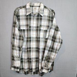 Timberland Mens Shirt Button Down Green Gray Plaid Long Sleeve 100% Cotton Sz XL